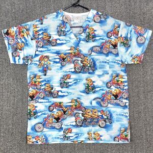 Peaches Uniforms Scrub Top Womens S Blue Teddy Bear Motorcycle Print 2 Pockets